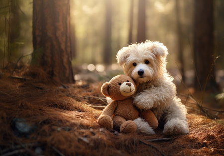 a dog holding a teddy bearの素材