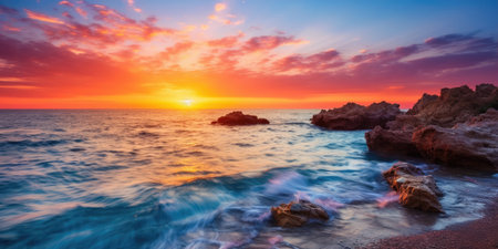 a sunset over a body of waterの素材