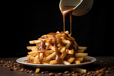 a plate of french fries with gravy being poured onto itの素材