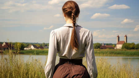 a woman standing in a field looking at a lakeの素材