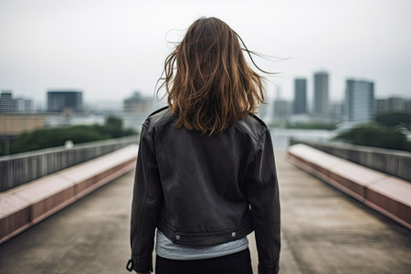 a woman standing on a bridgeの素材