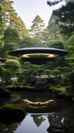 a ufo flying over a pond in a forestの素材