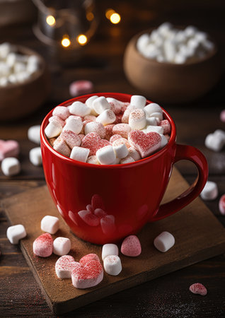 a red mug with marshmallows and heartsの素材