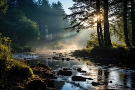 a river with trees and rocks in the foregroundの素材