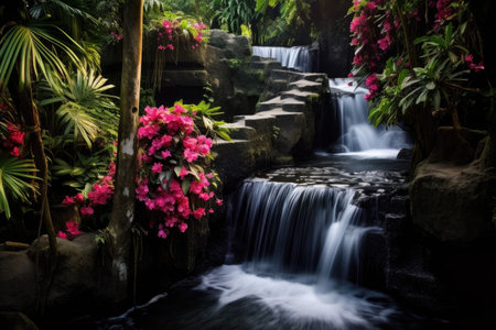 a waterfall surrounded by flowersの素材