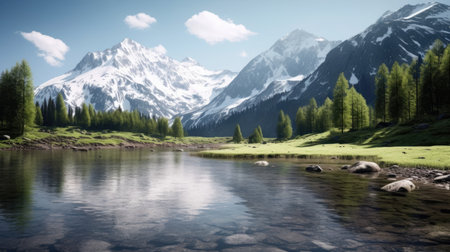 a lake surrounded by mountainsの素材