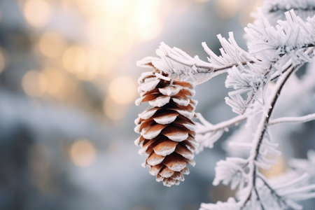 a pine cone on a branch with snow on itの素材