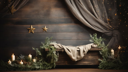 a wooden bench with candles and plantsの素材