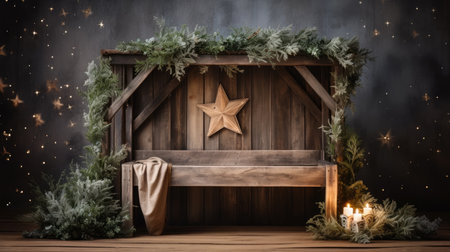 a wooden bench with a star and candlesの素材