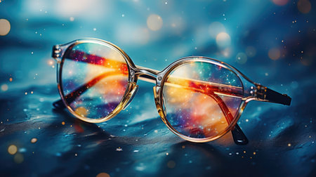 a pair of glasses with a reflection of starsの素材
