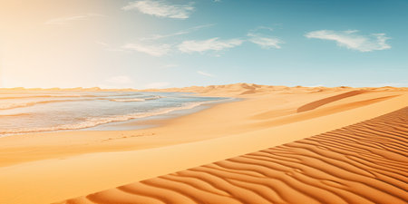 a sandy beach with water and blue skyの素材