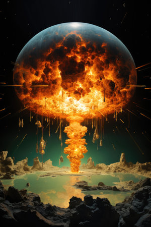 a planet with a ring of fire and a body of water belowの素材