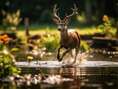 a deer jumping into a pondの素材