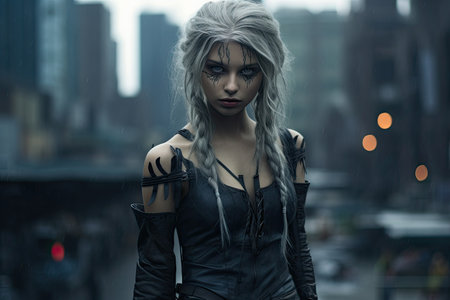 a woman with long hair and a black jacket with a black backgroundの素材