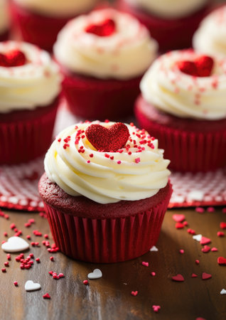 a group of cupcakes with frosting and sprinklesの素材