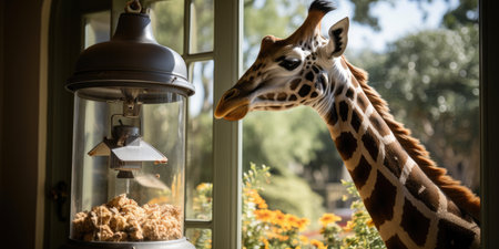 a giraffe looking at a bird feederの素材