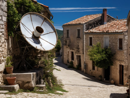 a stone building with a large satellite dish on topの素材