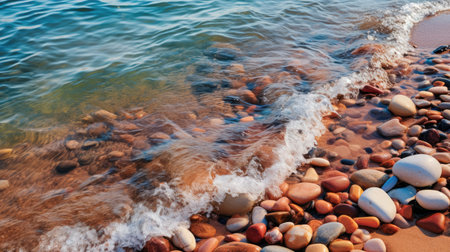 a rocky beach with a body of water in the backgroundの素材