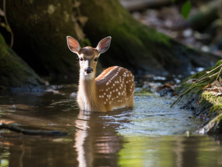 a deer in a body of waterの素材