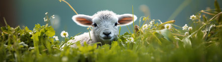 a goat in a field of flowersの素材