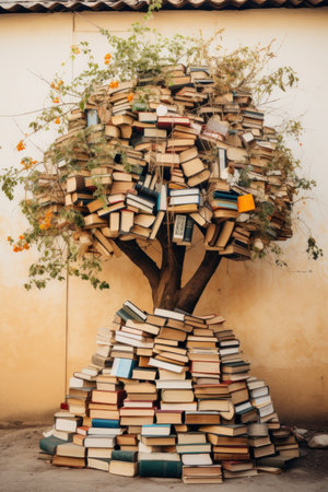 a tree with a house made of booksの素材