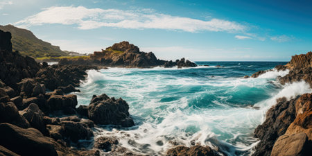 a rocky beach with waves crashingの素材