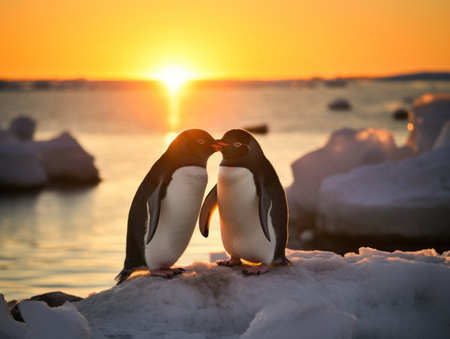 a group of penguins on a snowy surface with the sun settingの素材