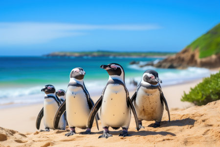 a group of penguins on a beachの素材