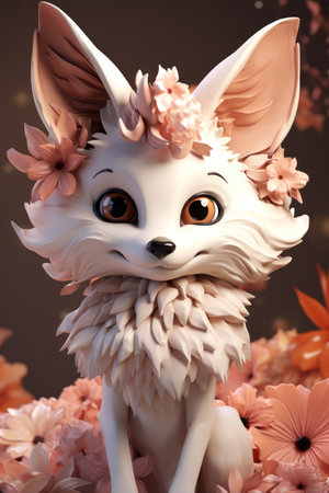 a white cat with flowers on its headの素材