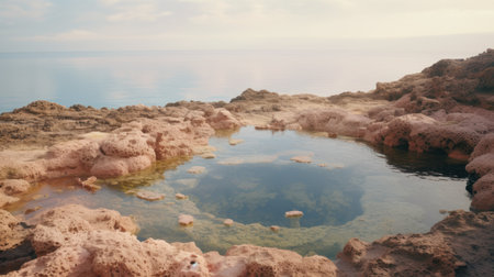 a body of water with rocks and a land with a structure in itの素材