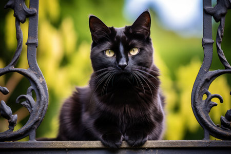 a black cat sitting on a benchの素材