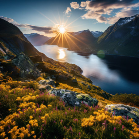 a beautiful landscape with a body of water and mountainsの素材