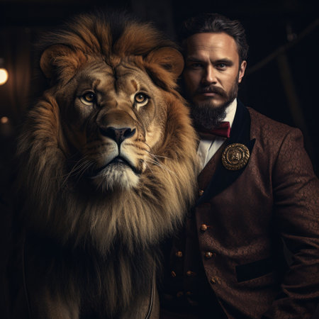 a man standing next to a lionの素材