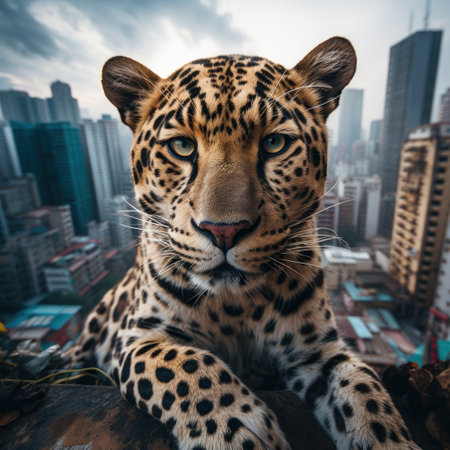 a leopard with a city skyline in the backgroundの素材