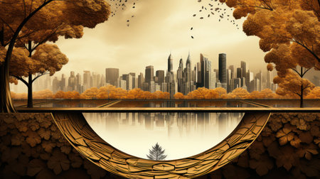 a city skyline behind a lakeの素材