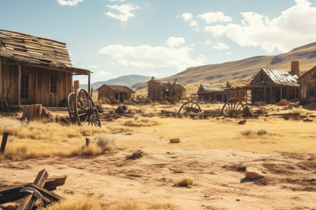 a group of buildings with a few wheels in front of them with Old Trail Town in the backgroundの素材