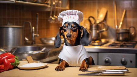 a dog wearing a chef's hat and sitting at a tableの素材