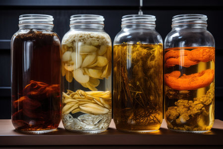 a group of glass jars with liquid in themの素材