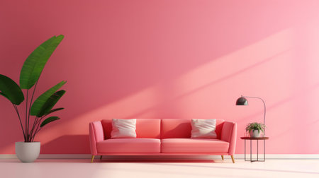 a red couch with a plant on the sideの素材