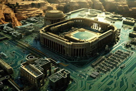 a large building with a pool in front of itの素材