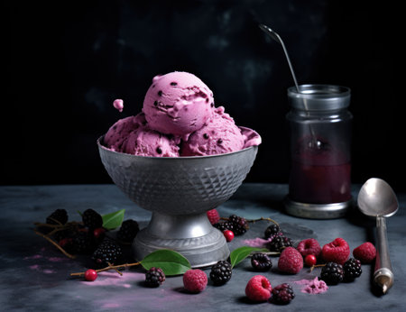 a bowl of ice cream with berriesの素材