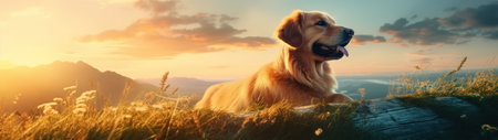 a dog sitting on a rockの素材
