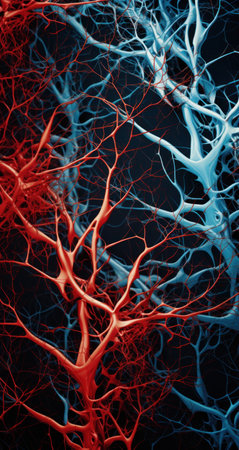 a close-up of a red and blue x-rayの素材