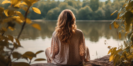 a person sitting on a rock looking out over a lakeの素材