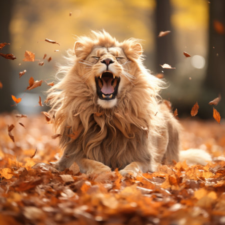 a lion roaring in the leavesの素材