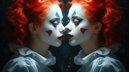 a couple of women with paint on their facesの素材