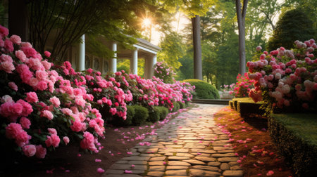 a stone pathway with pink flowersの素材