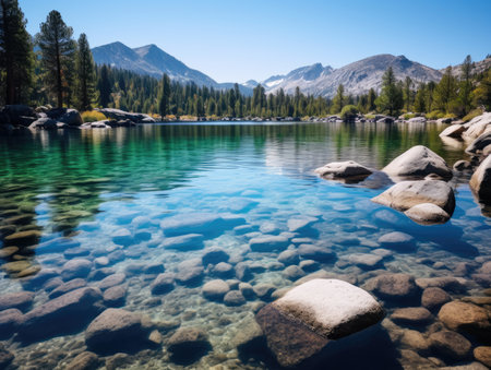 a body of water with rocks and trees around itの素材