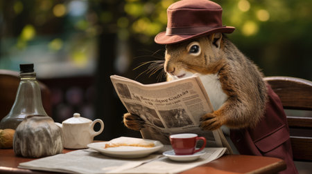 a squirrel wearing a hat and reading a newspaperの素材