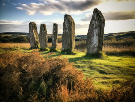 a group of tall rocks in a grassy fieldの素材
